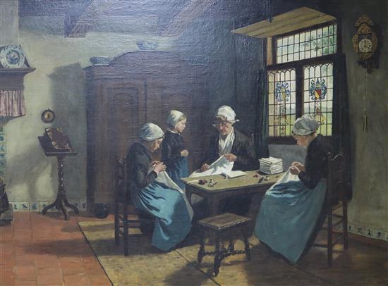 Early 20th century Flemish School Interior with women sewing 24.5 x 33in.